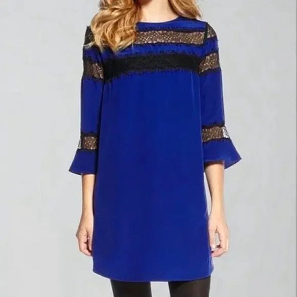 Rebecca Taylor Royal Blue Size 6 Dress Black Lace 100% Silk Elegant Holiday